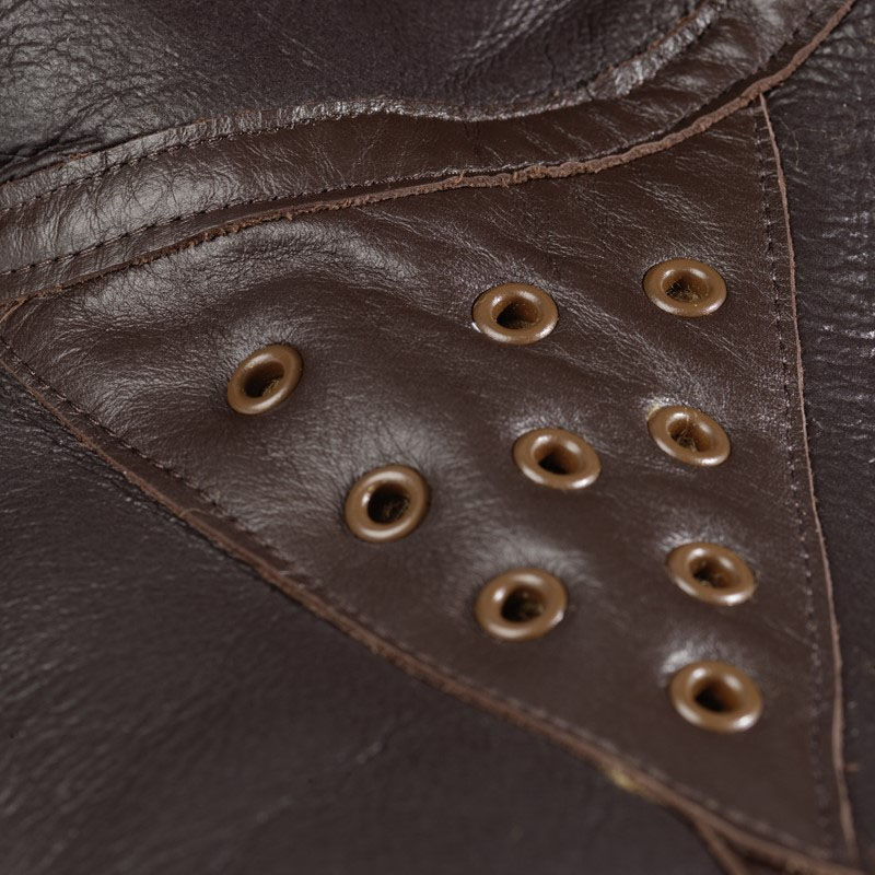 brown leather sheepskin irvin jacket armpit ventilation detail